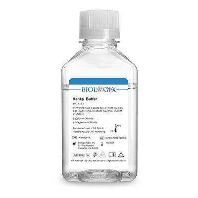 Biologix® Hanks Buffer(1×) (without Ca2+&amp;Mg2+), pH7.1-7.5, Sterile, 1000mL/ Bottle, 6 Bottles/Case