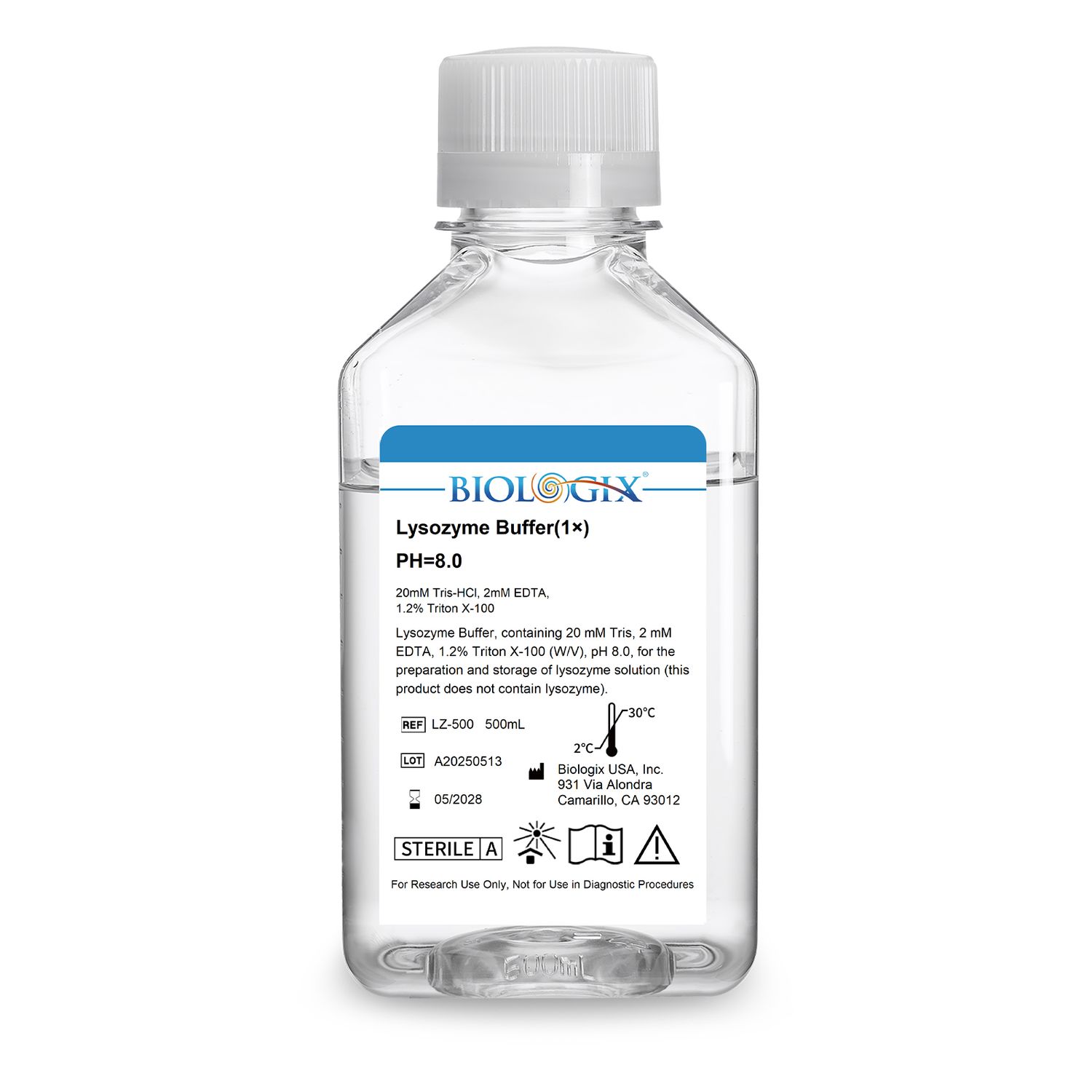 Biologix® Lysozyme Buffer (1×), PH8.0, 500mL/Bottle, 10 Bottles/Case