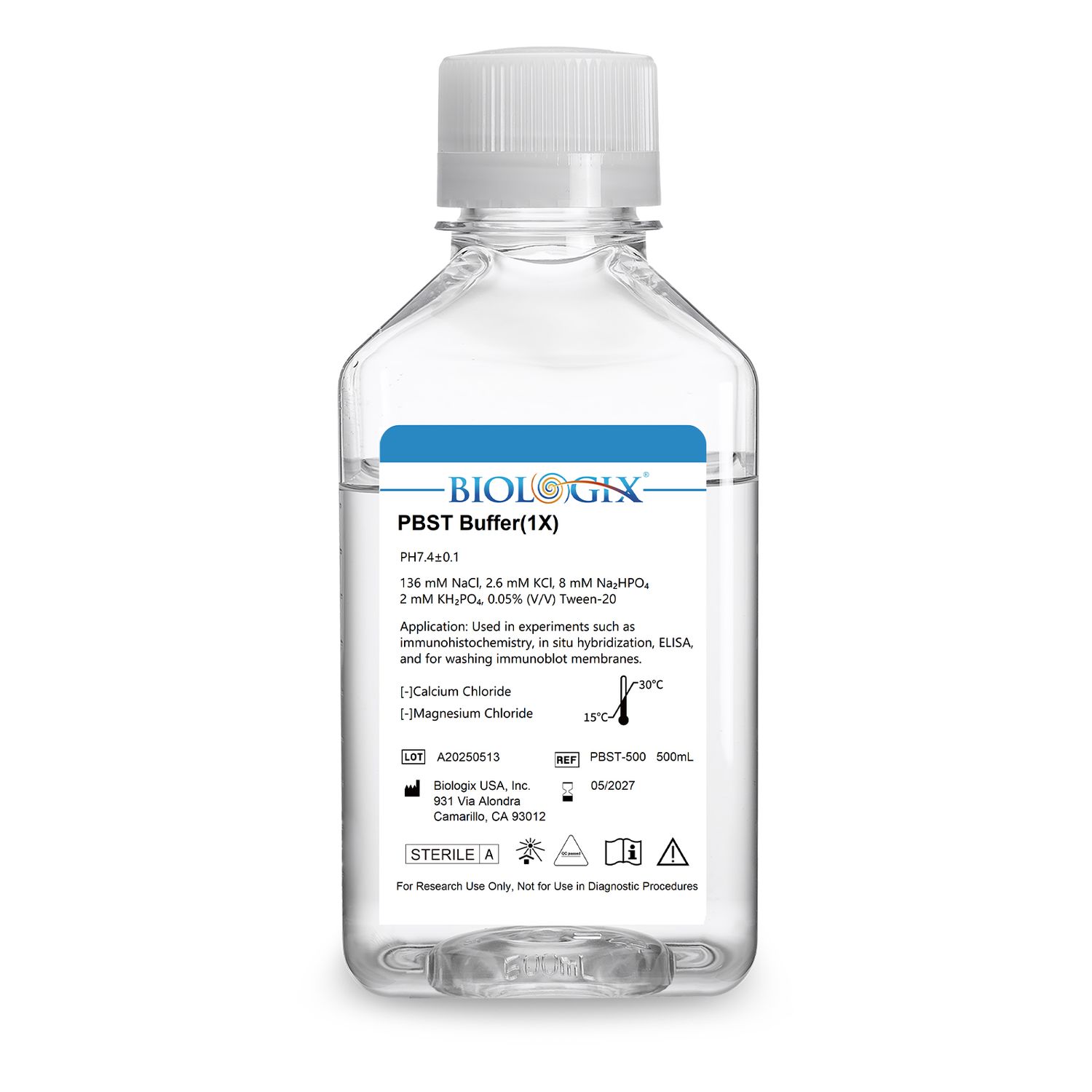 Biologix® PBST Buffer (1×), pH7.4, Sterile, Low Endotoxin, 500mL/Bottle, 10 Bottles/Case
