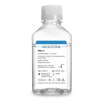 Biologix® PBS Buffer (1×), pH7.4, Sterile, Low Endotoxin, 500mL/Bottle, 10 Bottles/Case