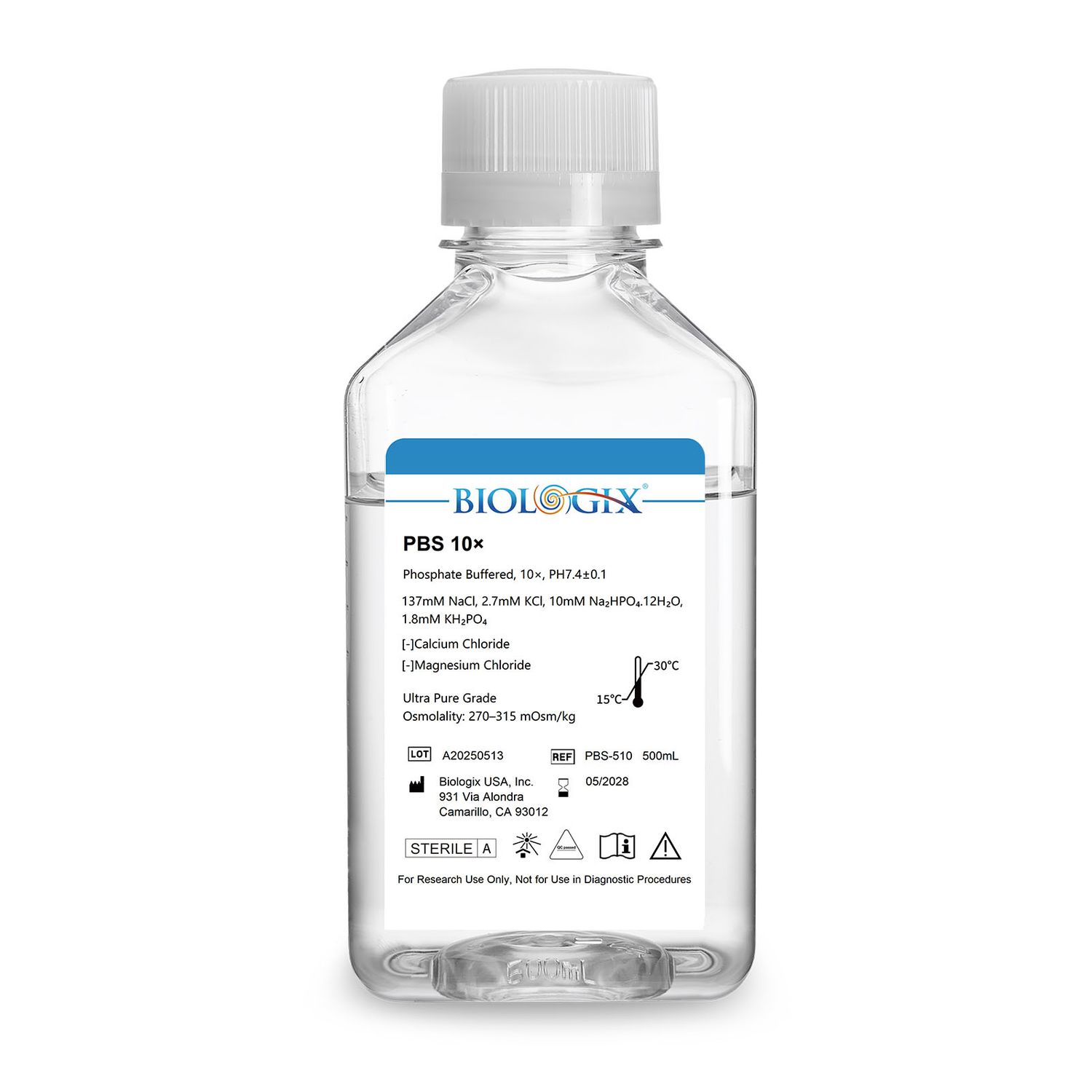 Biologix® PBS Buffer (10×), pH7.4, Sterile, 500mL/ Bottle, 10 Bottles/Case
