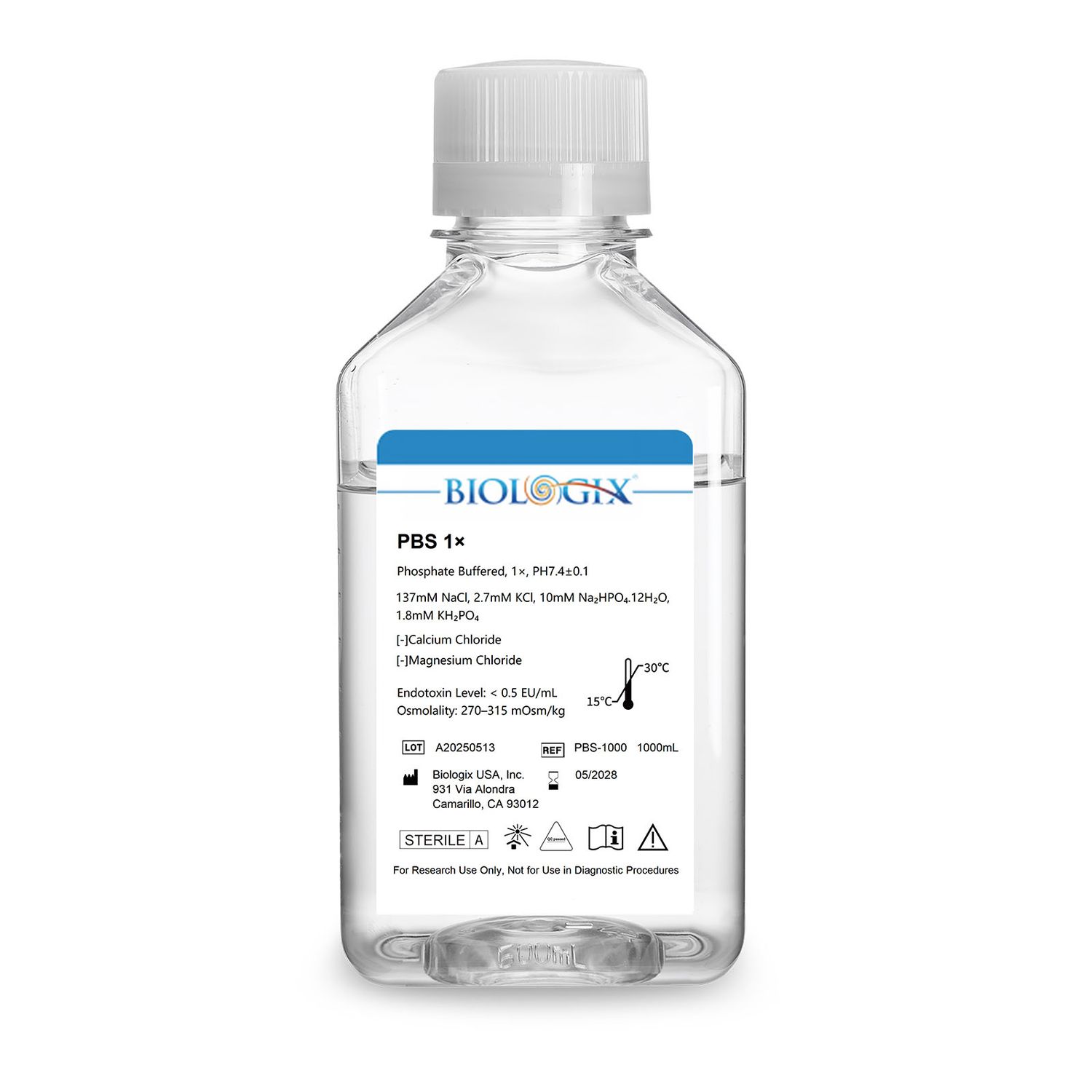 Biologix® PBS Buffer(1×),  pH7.4, Sterile, Low Endotoxin, 1000mL/Bottle, 6 Bottles/Case