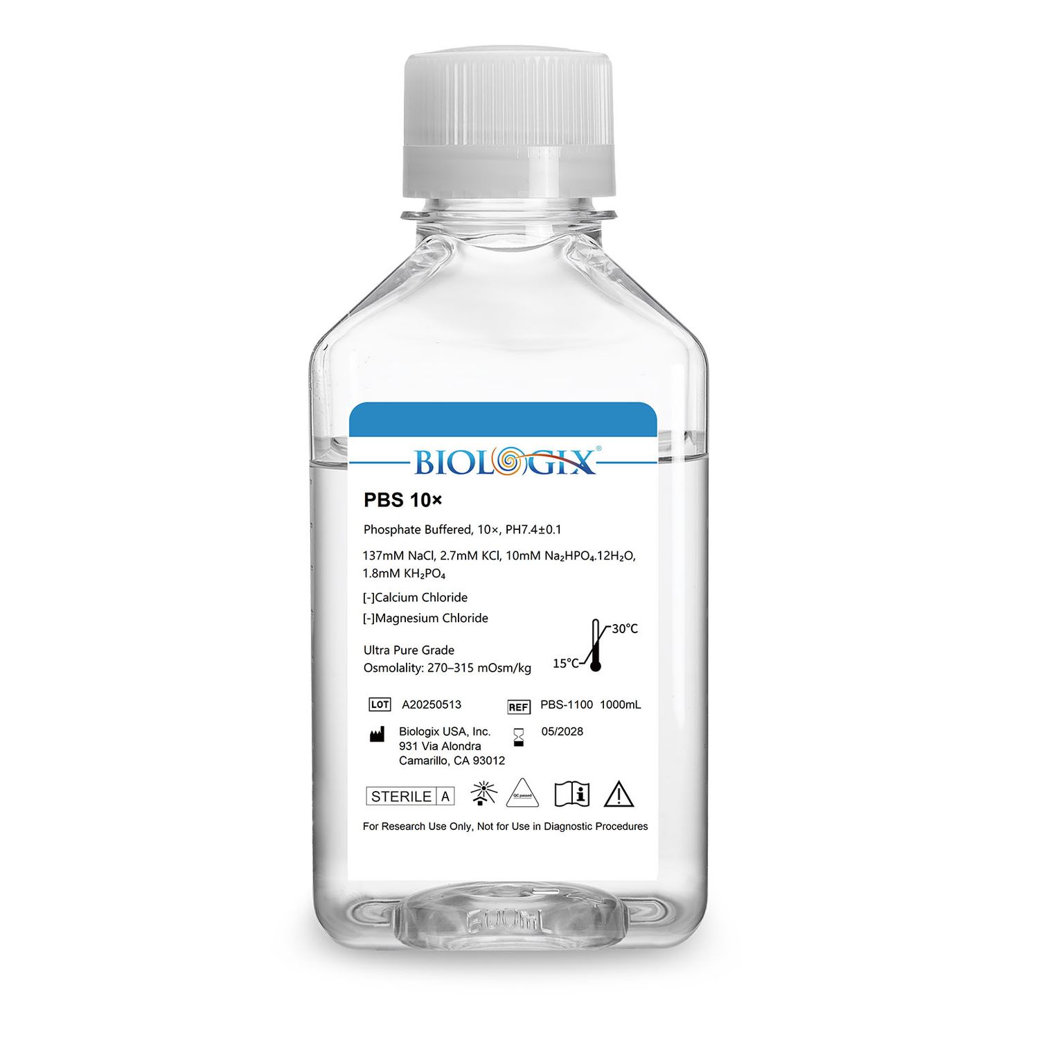Biologix® PBS Buffer (10×), pH7.4, Sterile, 1000mL/ Bottle, 6 Bottles/Case