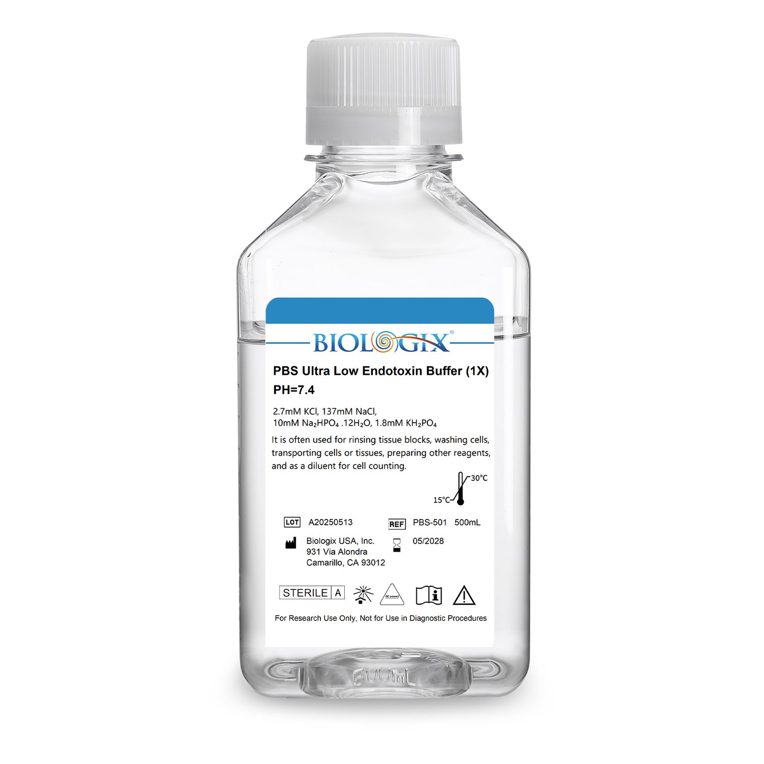 Biologix® PBS Buffer (1×), pH7.4, Sterile, Ultra - low endotoxin, 500mL/Bottle, 10 Bottles/Case