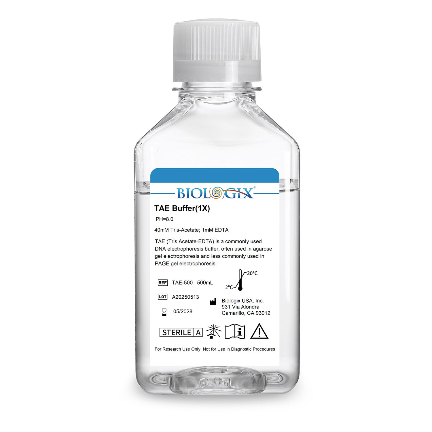 Biologix® TAE ( Tris Acetate-EDTA ) Buffer ( 1× ), pH8.0, 500mL/Bottle, 10 Bottles/Case