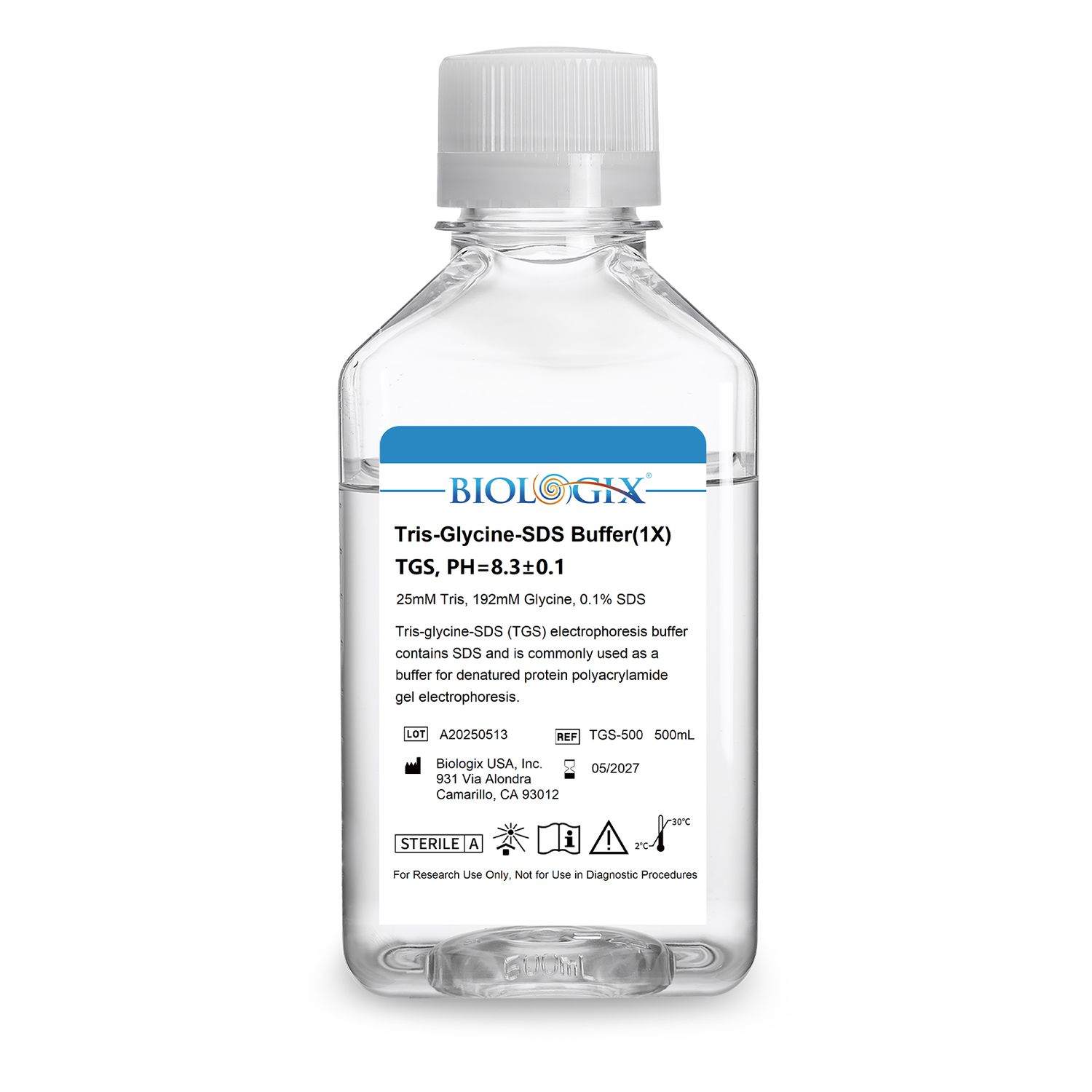 Biologix® Tris-glycine-SDS (TGS) Electrophoresis Buffer (1×), pH8.3, 500mL/Bottle, 10 Bottles/Case