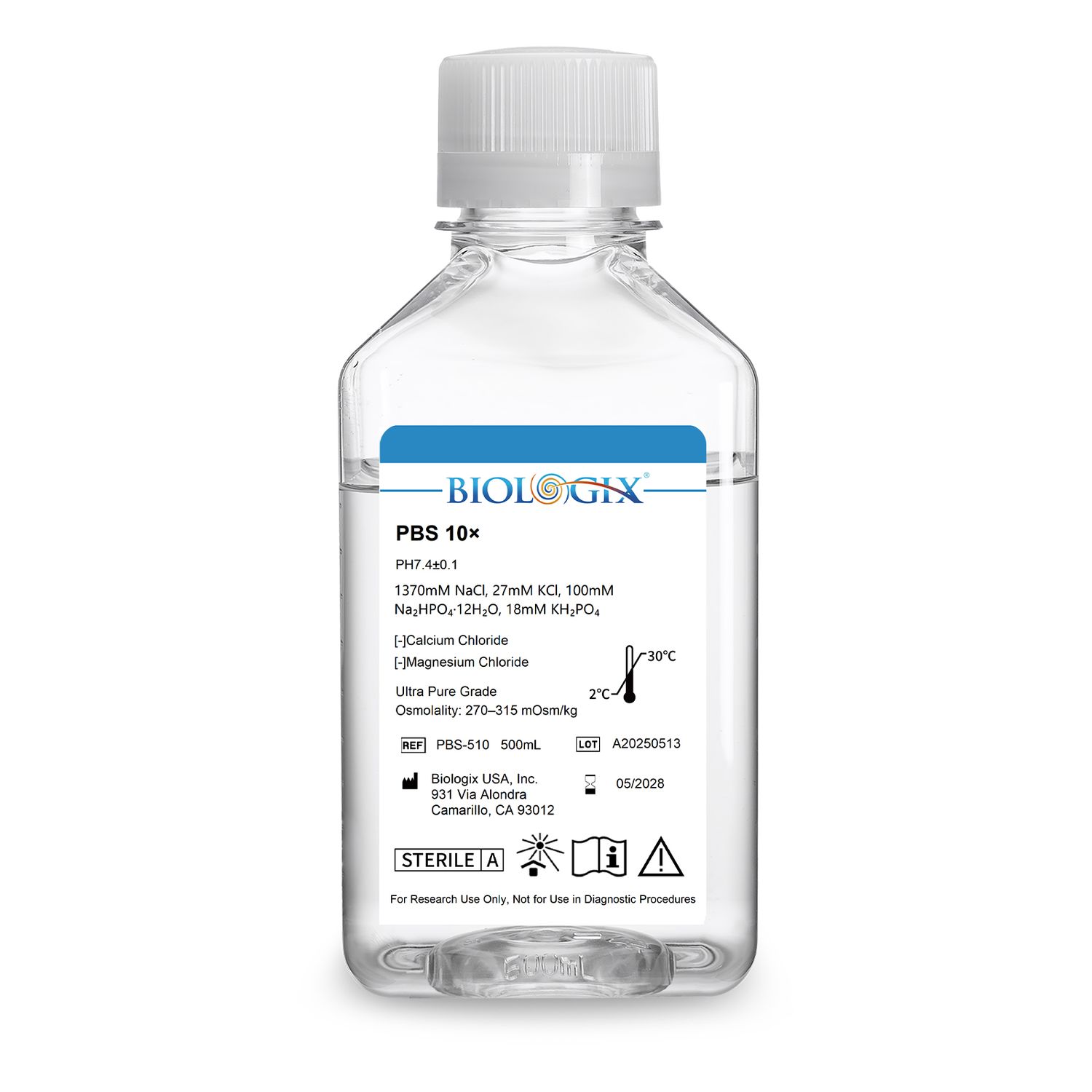 Biologix® PBS Buffer (10×), pH7.4, Sterile, 500mL/ Bottle, 10 Bottles/Case