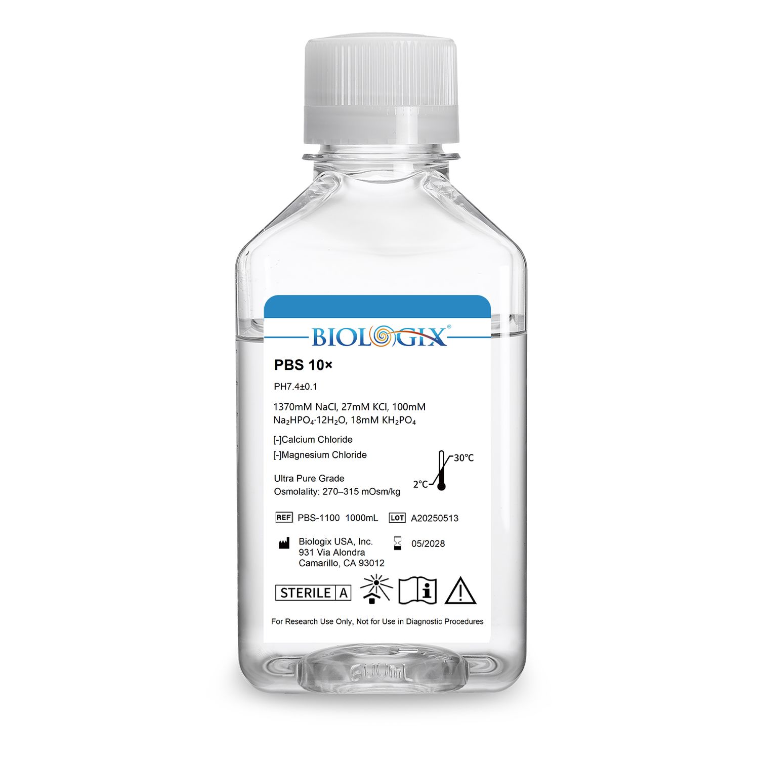 Biologix® PBS Buffer (10×), pH7.4, Sterile, 1000mL/ Bottle, 6 Bottles/Case
