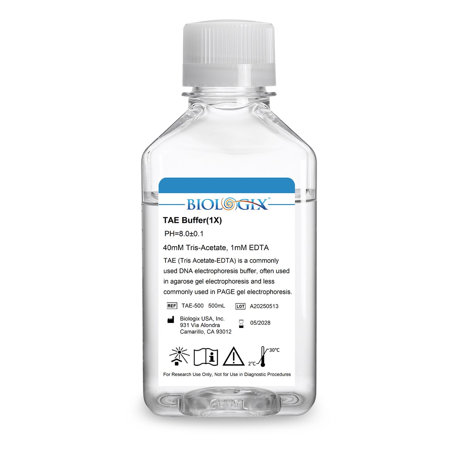 Biologix® TAE ( Tris Acetate-EDTA ) Buffer ( 1× ), pH8.0, 500mL/Bottle, 10 Bottles/Case