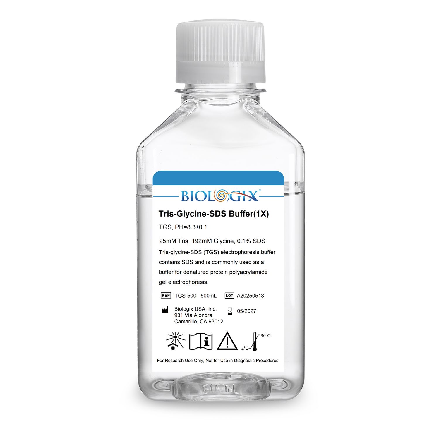Biologix® Tris-glycine-SDS (TGS) Electrophoresis Buffer (1×), pH8.3, 500mL/Bottle, 10 Bottles/Case