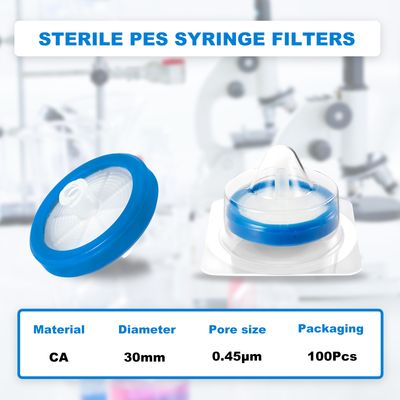 Sterile Syringe Filter-CA, Diameter (Female Luer Lock + Male Luer Slip), 0.22/0.45 μm 100 PCS/Pack, 4 Packs/Case.