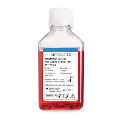 Biologix® DMEM High Glucose Culture Medium, No Sodium Pyruvate &amp; HEPES, 500mL/Bottle