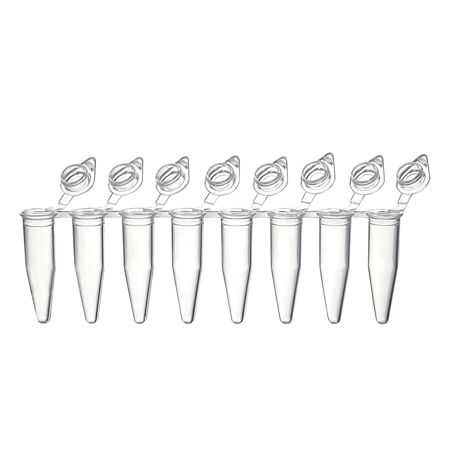 0.2ml-8-Strip PCR Tubes, Individual type with attached cap, flat-top Clear, 120/Unit, 10 Units/Case