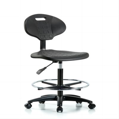 Erie Polyurethane Chair - High Bench Height with Chrome Foot Ring &amp; Casters in Black Polyurethane