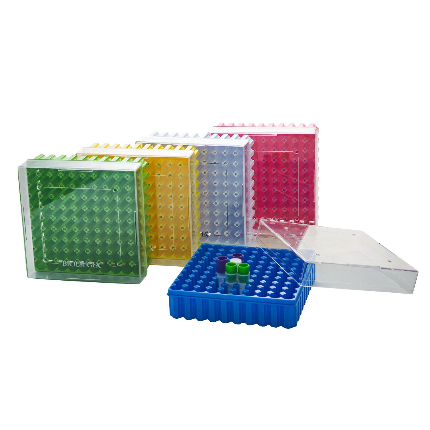 CryoKING® PC Cryogenic Boxes, 2 in 100-Well Cryoboxes, Assorted Colors Laboratory Vial Storage Boxes, Package: Pack (5 Pcs )
