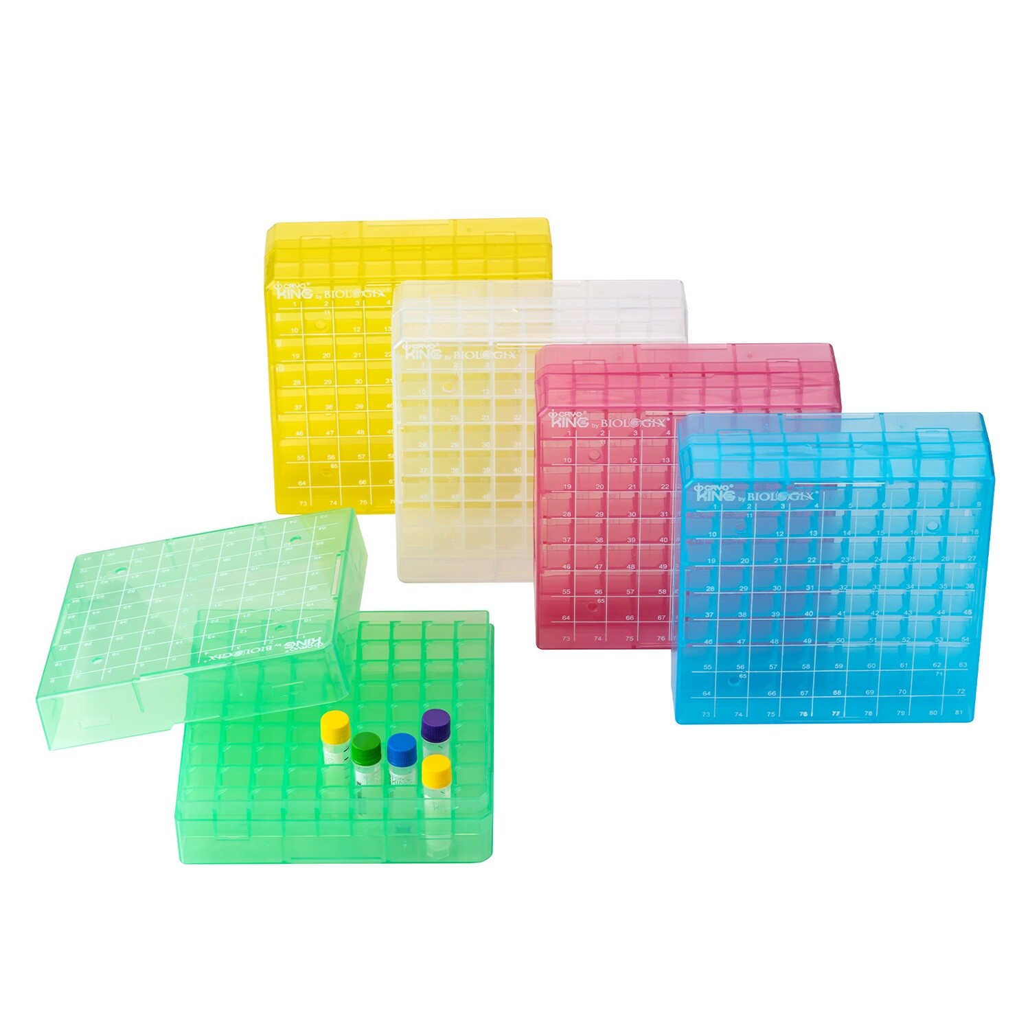 CryoKING® PP Cryogenic Boxes, 2in. 81-Well, Assorted color, 5/Pack. 20/Case