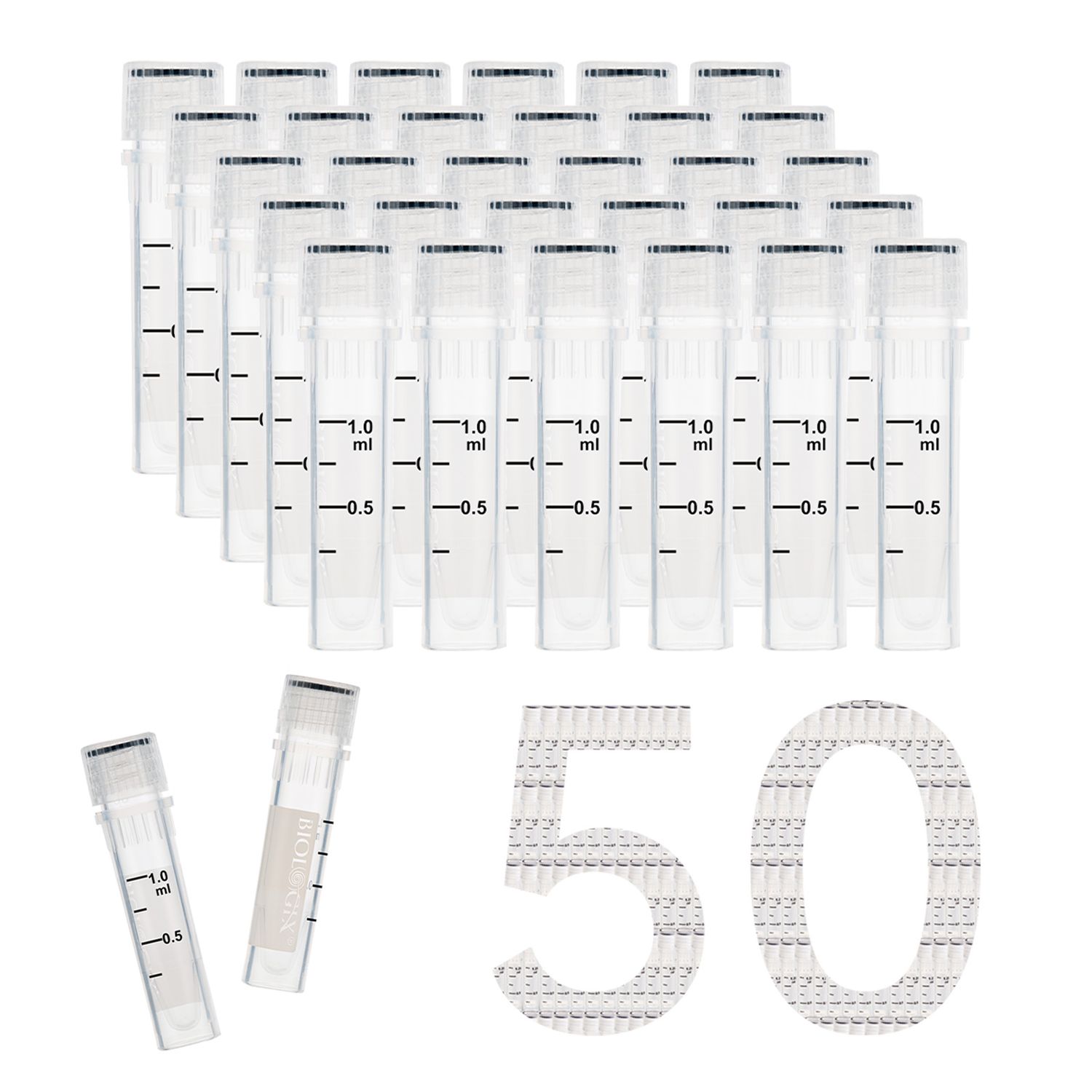 Biologix® Cryogenic Vials-1.5 mL (47.5mm, Self-Standing), with Writing Area, 50/Bag, 2000/Case, Package: Bag (50 pcs)