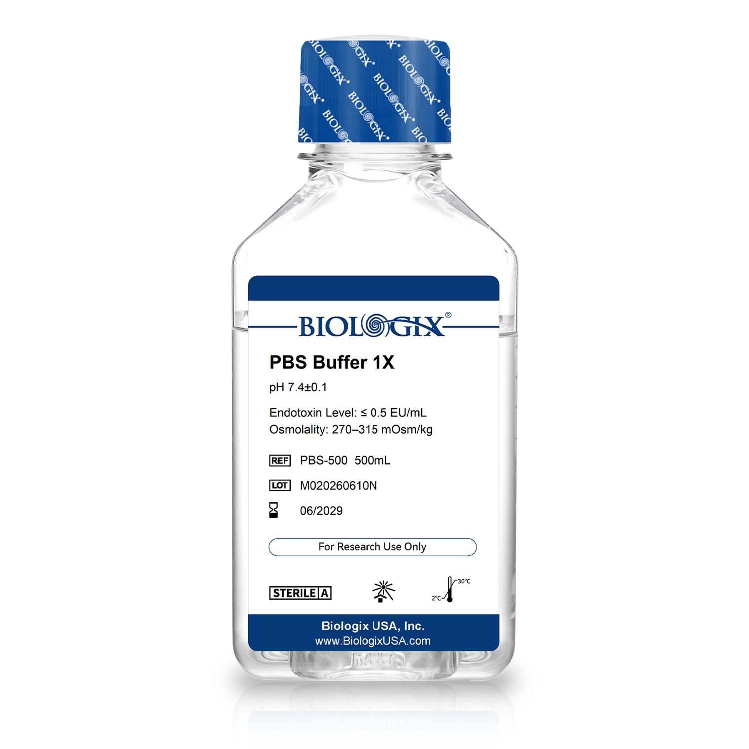 Biologix® PBS Buffer (1×), pH7.4, Sterile, Low Endotoxin, 500mL/Bottle