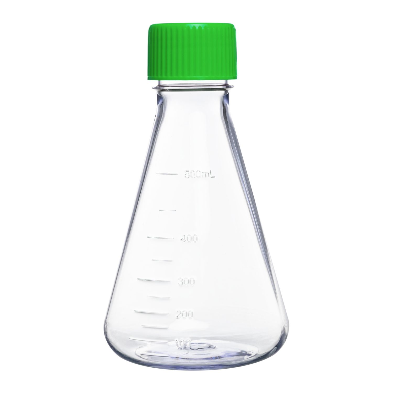 Biologix® Plastic Erlenmeyer Flask- 500mL,  Vent/Sealed Cap (Green), 1/Bag, 12 Bags/Case
