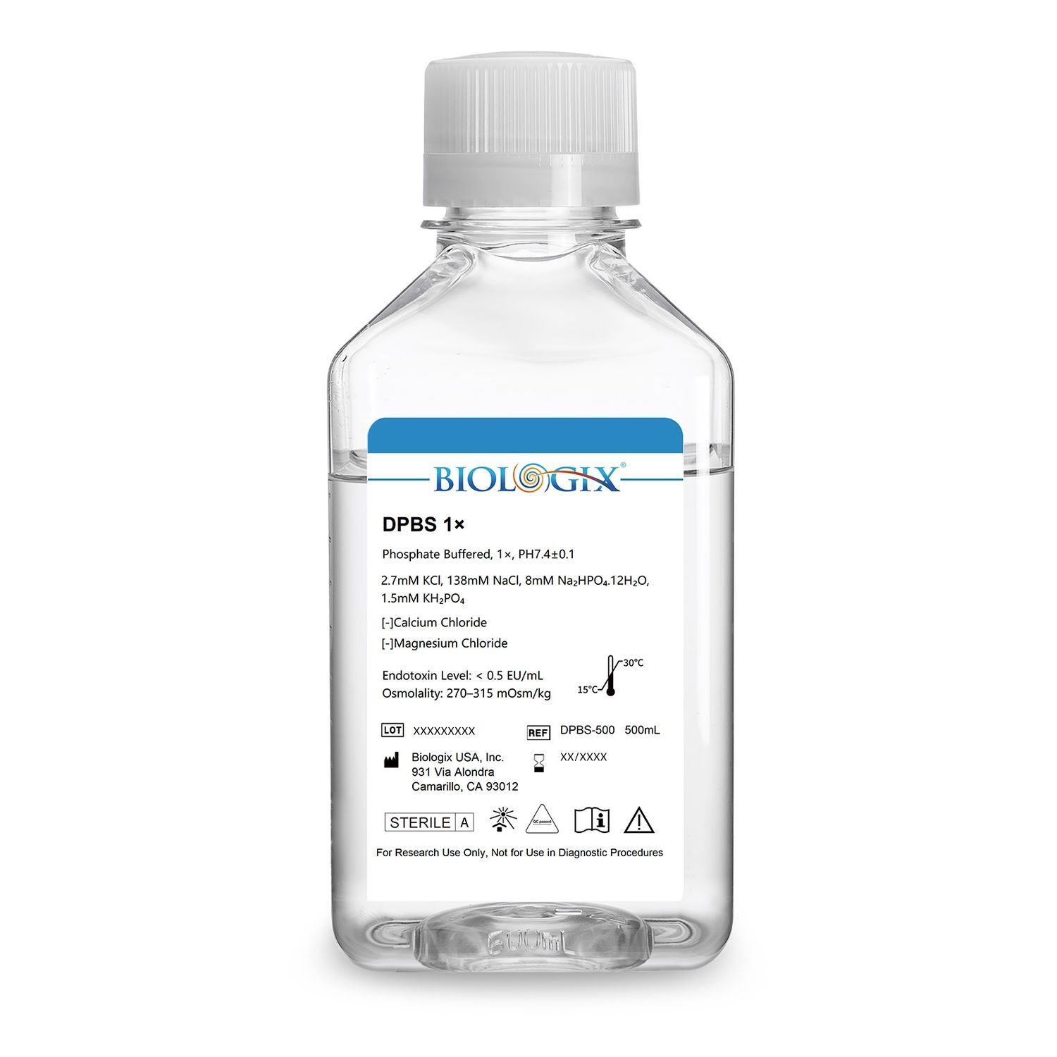 Biologix® DPBS Buffer (without Ca2+&amp;Mg2+) (1×), pH7.4, Sterile, Low Endotoxin, 500mL/ Bottle