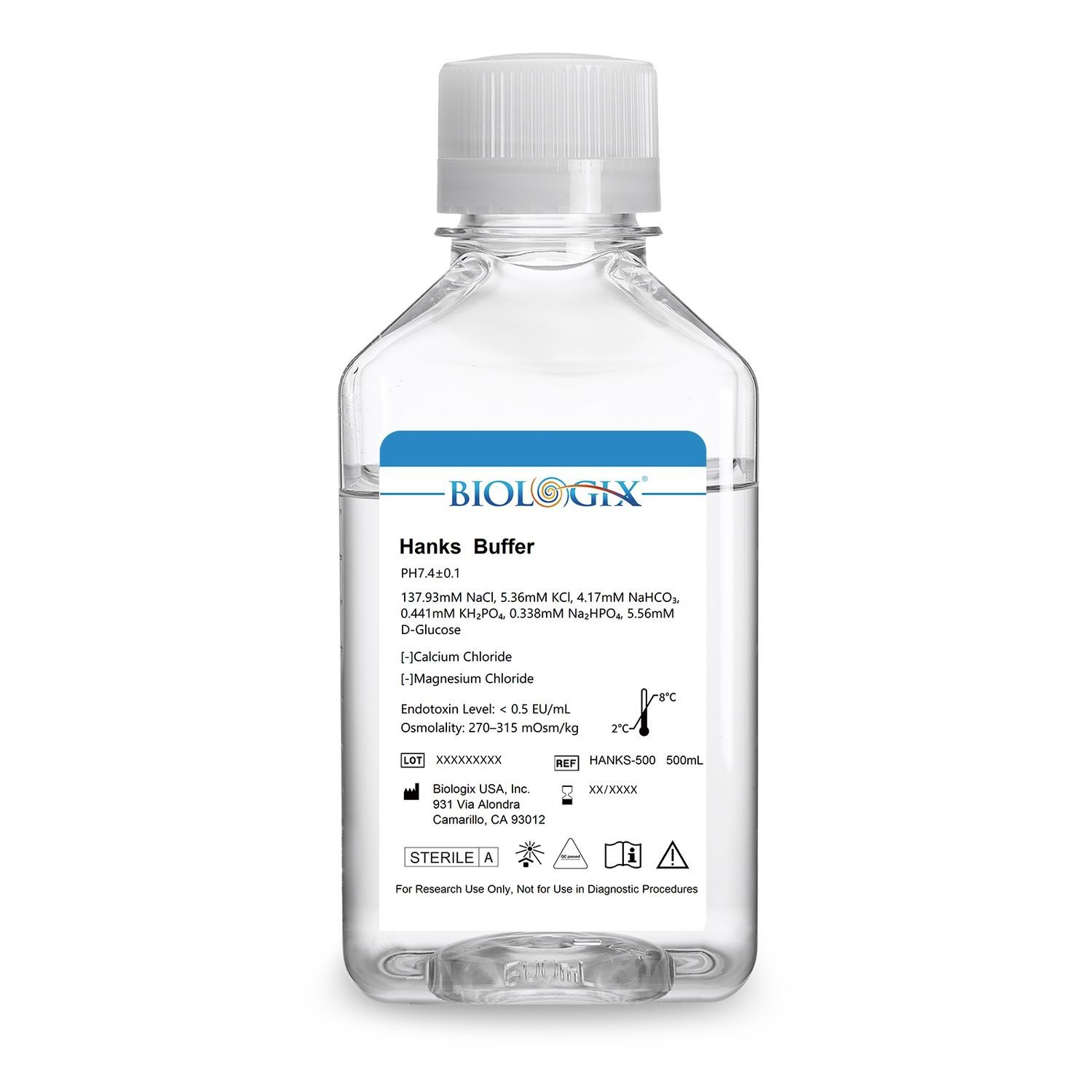 Biologix® Hanks Buffer (1×) (without Ca2+&amp;Mg2+), pH7.1-7.5, Sterile, 500mL/ Bottle