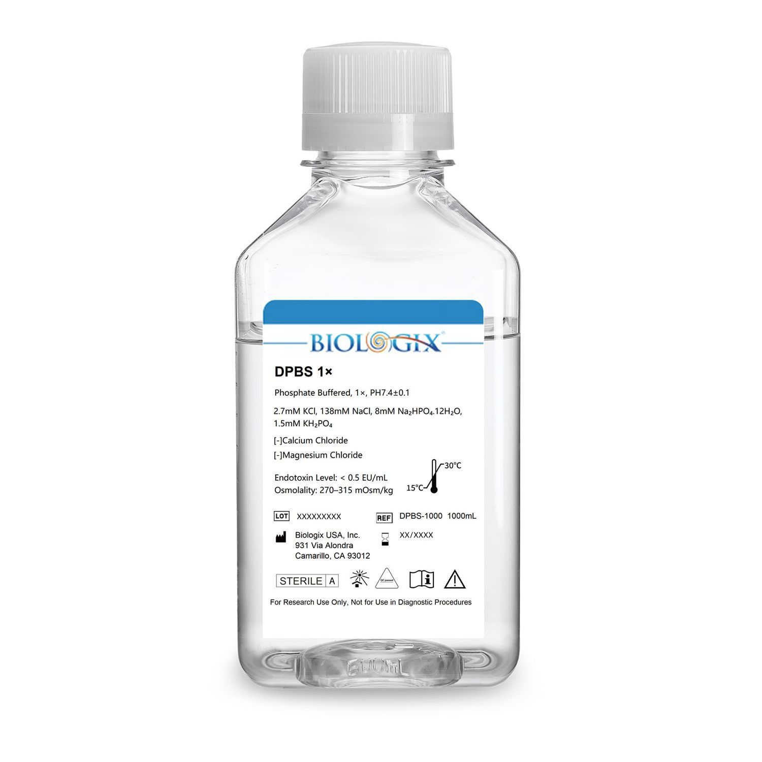 Biologix® DPBS Buffer (without Ca2+&amp;Mg2+) (1×), pH7.4, Sterile, Low Endotoxin, 1000mL/ Bottle