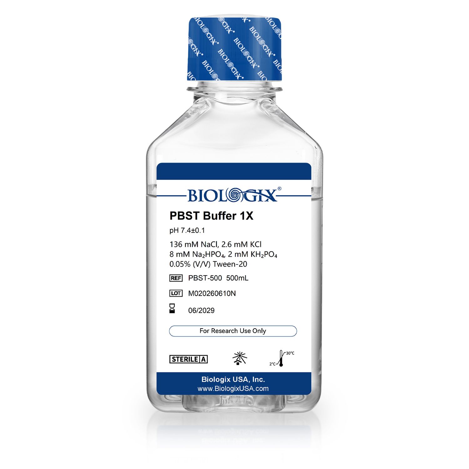 Biologix® PBST Buffer (1×), pH7.4, Sterile, Low Endotoxin, 500mL/Bottle