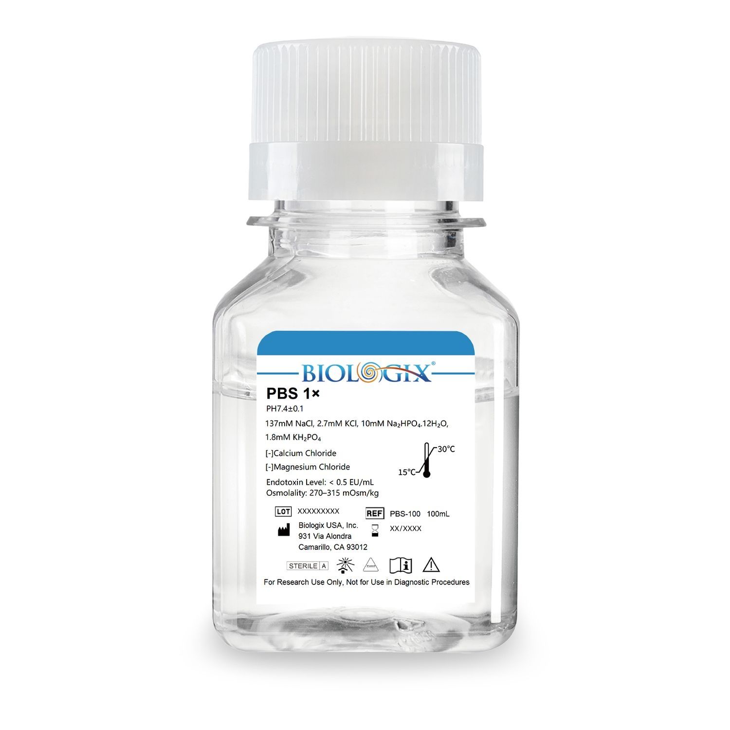 Biologix® PBS Buffer (1×), pH7.4, Low Endotoxin, 100mL/Bottle