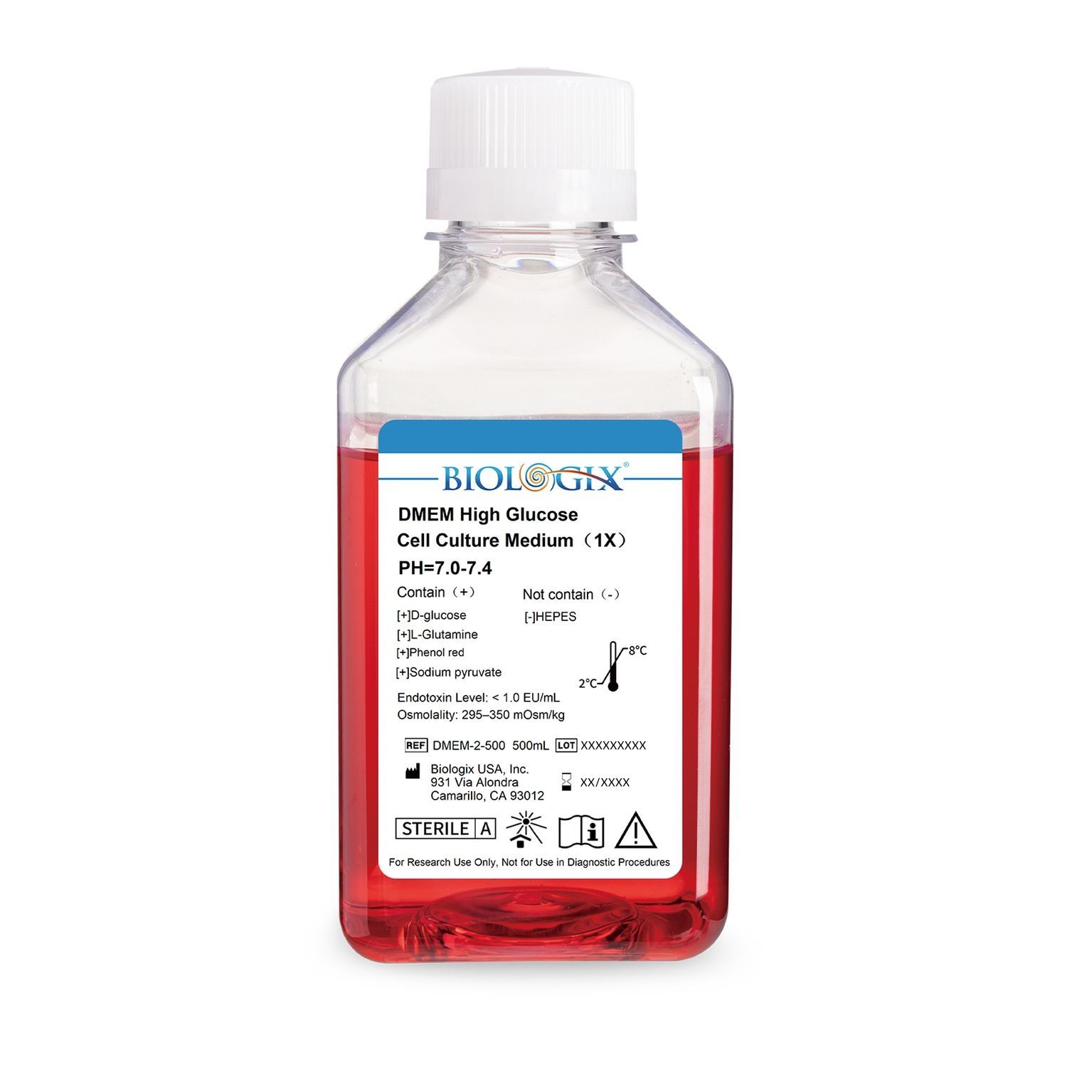 Biologix® DMEM High Glucose Culture Medium, No HEPES, 500mL/Bottle