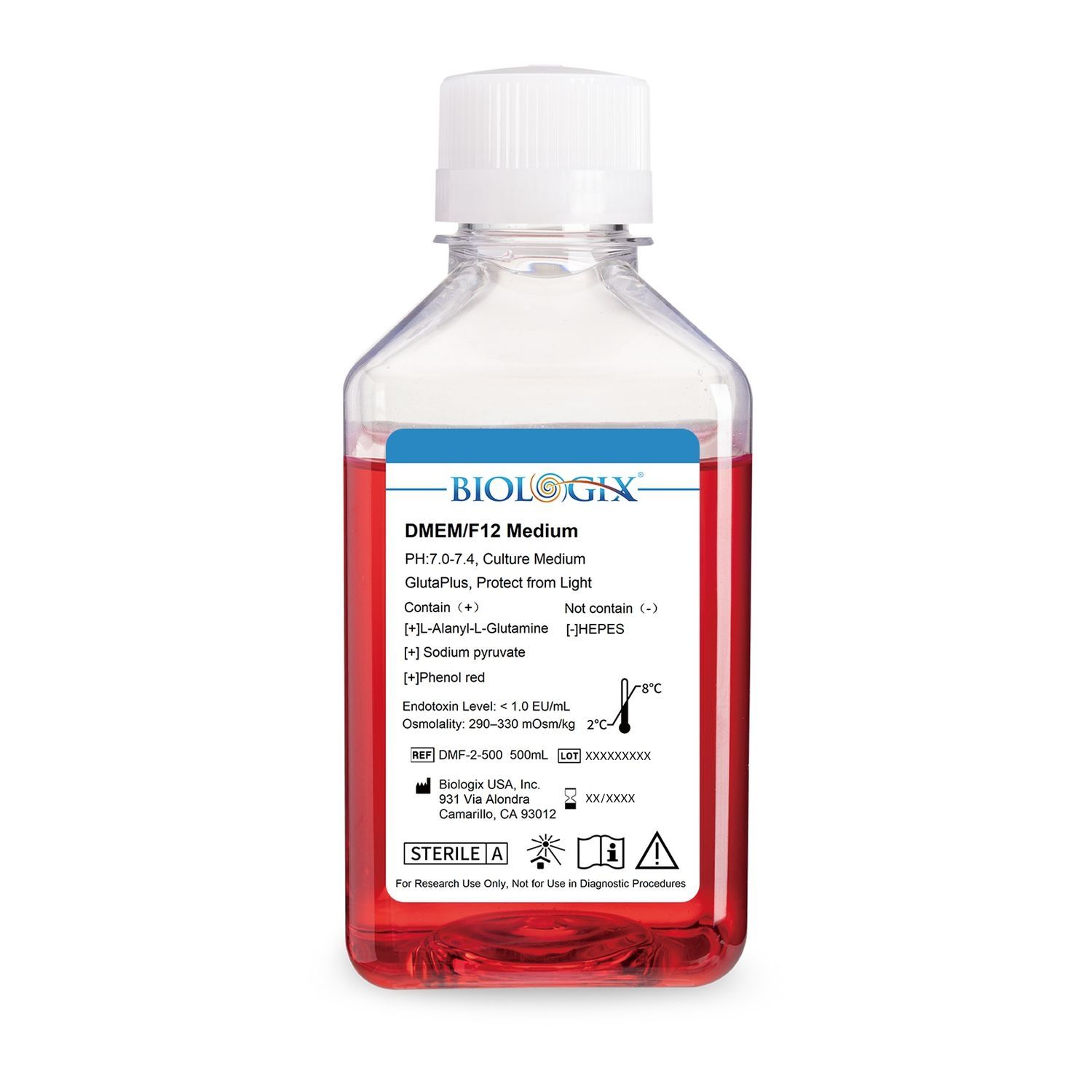Biologix® DMEM/F-12 Culture Medium, No HEPES, 500mL/Bottle