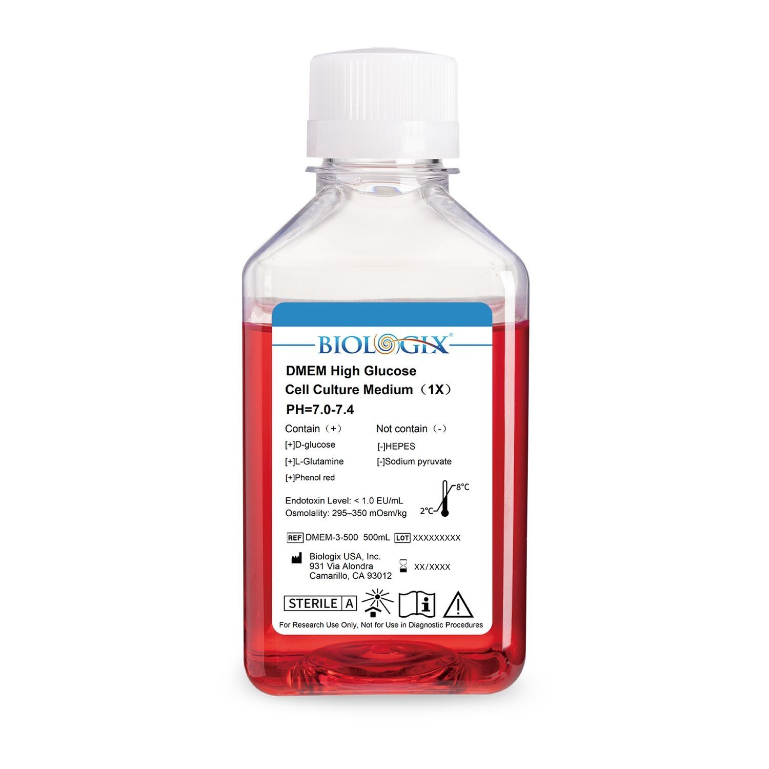 Biologix® DMEM High Glucose Culture Medium, No Sodium Pyruvate &amp; HEPES, 500mL/Bottle