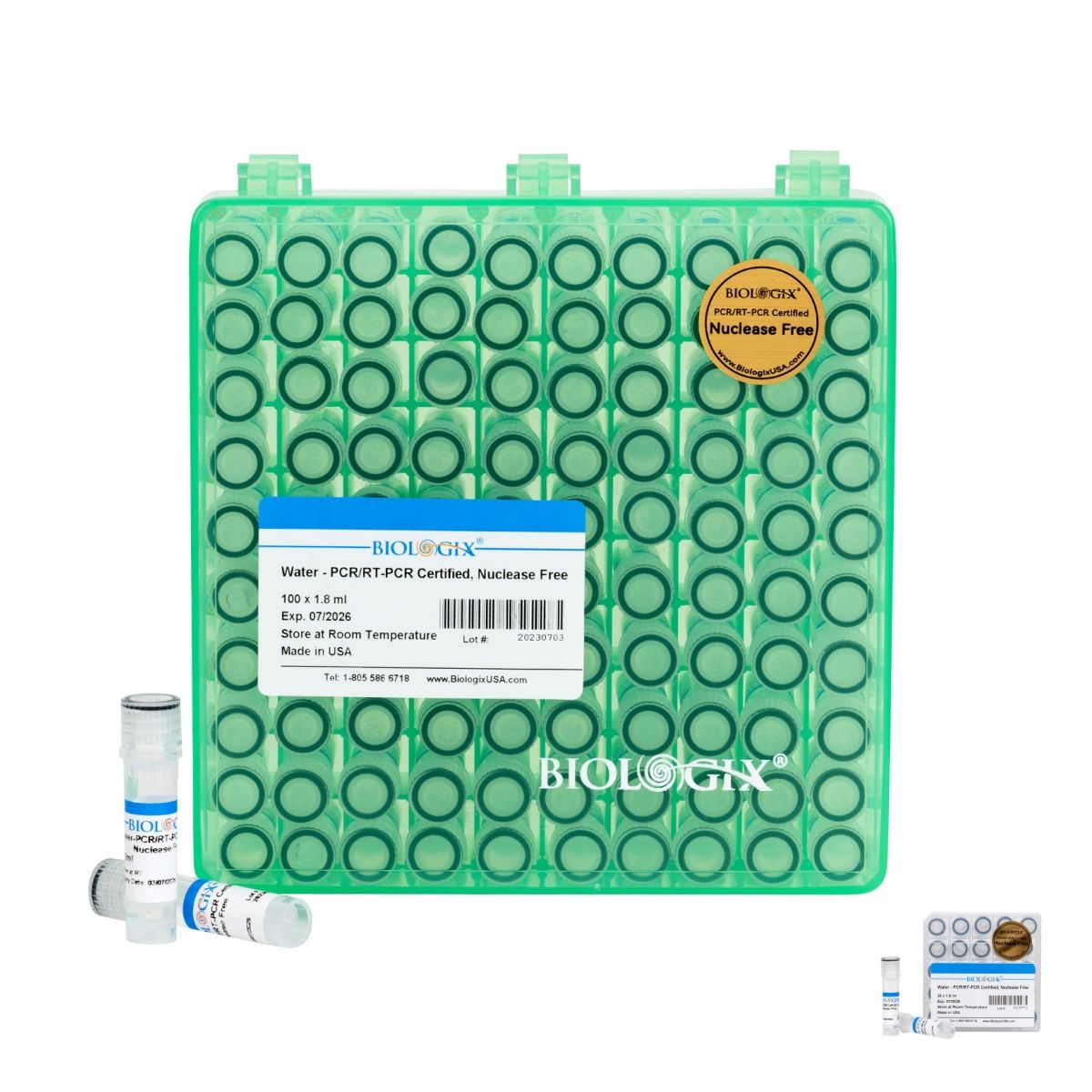 Ultra Pure Water, Molecular Biology Grade, DNase, RNAse, Protease, Endotoxins (Pyrogen) Free, PCR/RT-PCR Certified, Nuclease-Free Water, 100 x 1.8 ml/Pack