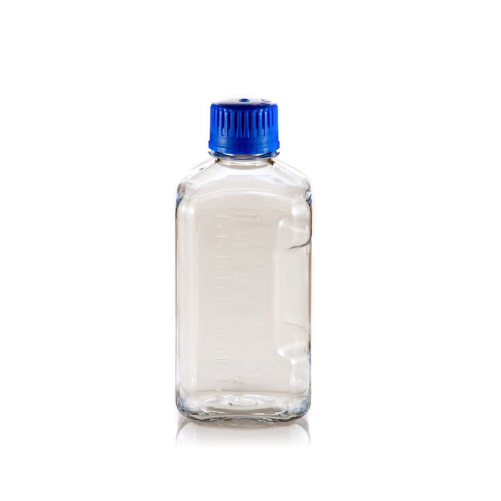 CryoKing Autoclavable PC Bottle, 2000 mL Polycarbonate Square Media Bottle, Clear, Narrow Mouth, Square, Regular Autoclavable PP Cap, 53B, Case of 6/12/24