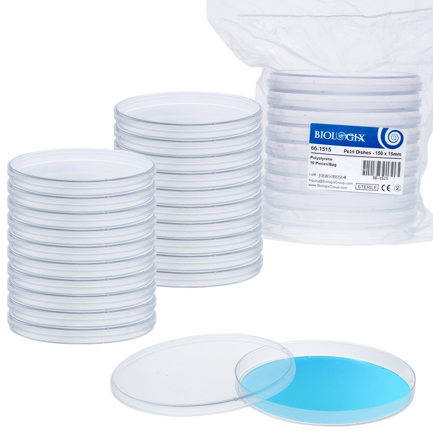 Biologix® Petri Dishes, Plastic Petri Dishes with Lids, Sterile Petri Dishes, 150×15mm, 10/Bag