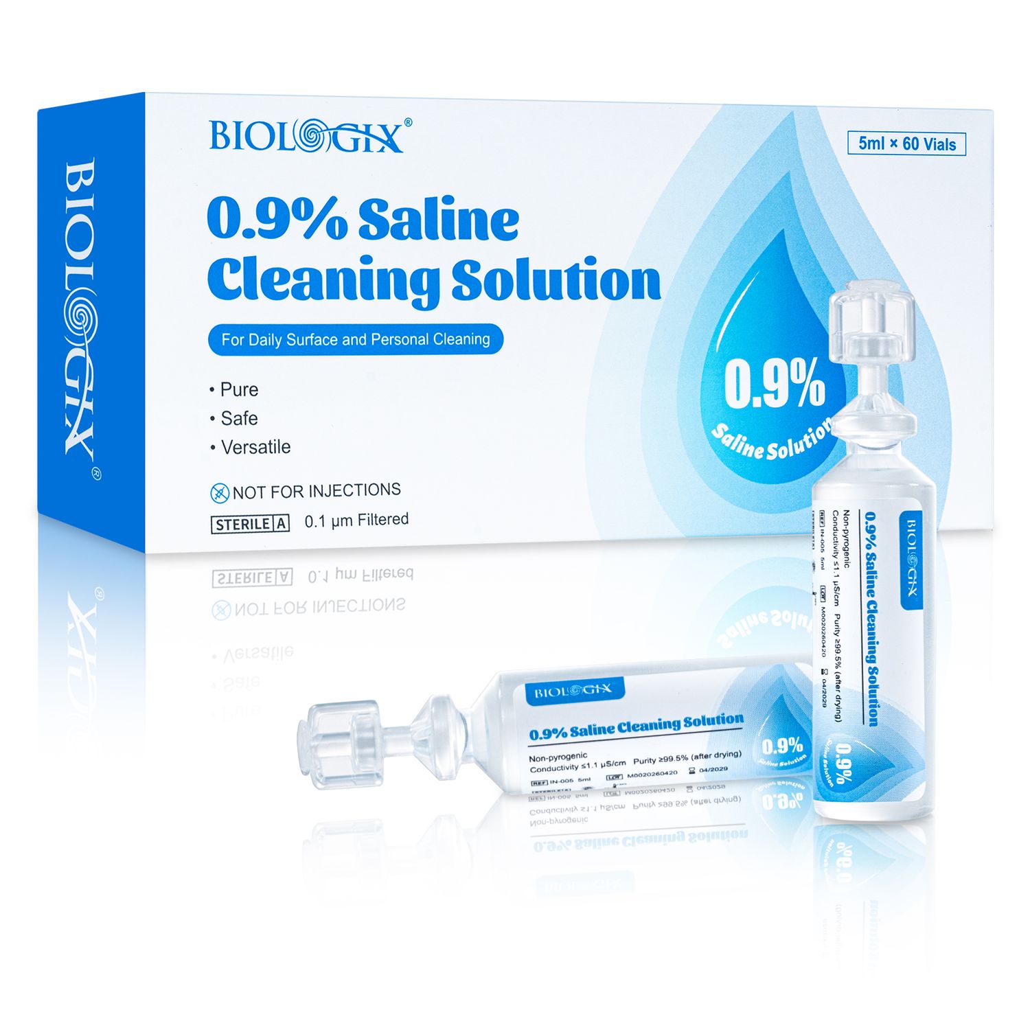 Biologix® 0.9% Normal Saline Solution, Small Portable Travel Size 5ml Each, 60 Vial/Box