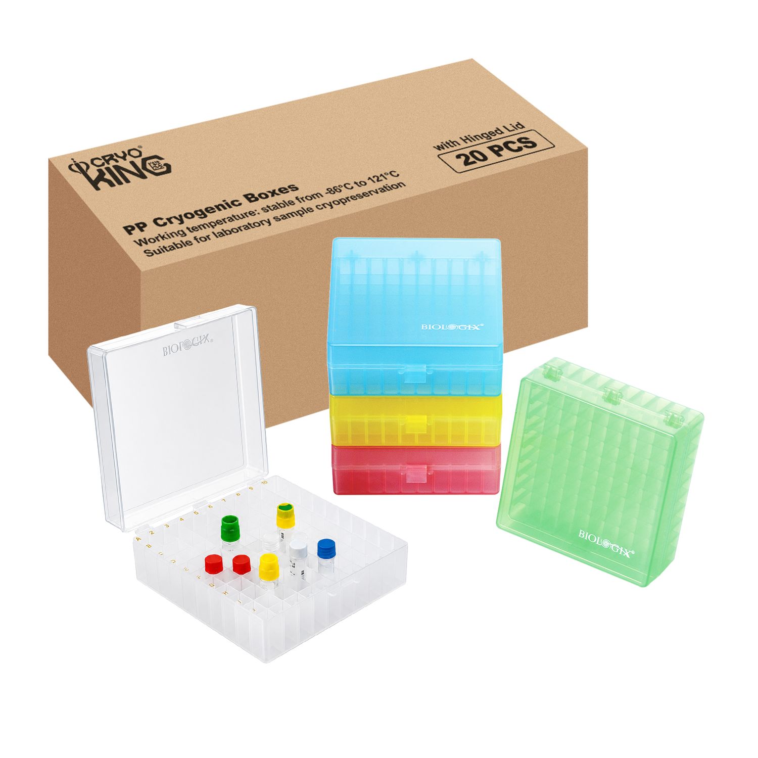 CryoKING® PP Cryogenic Boxes, 2in 100-Well, Hinged Lid, 20/Case