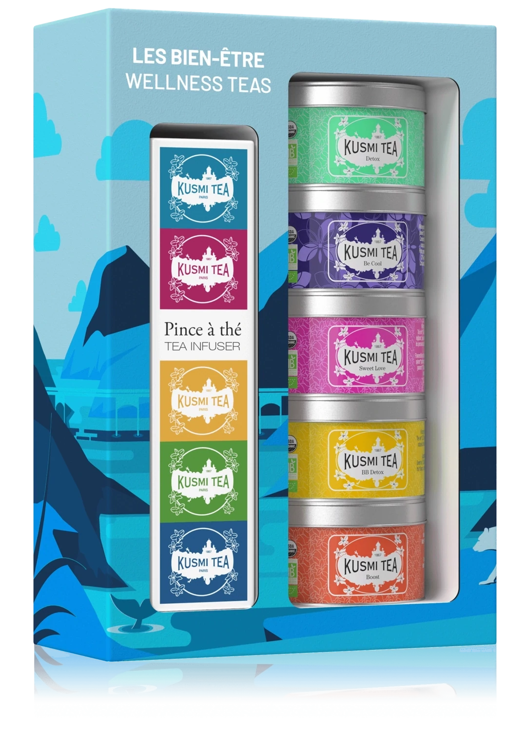 COFFRET LES BIENS-ÊTRE avec PINCE  - 5 Miniatures de thés et infusion avec une pince à thé