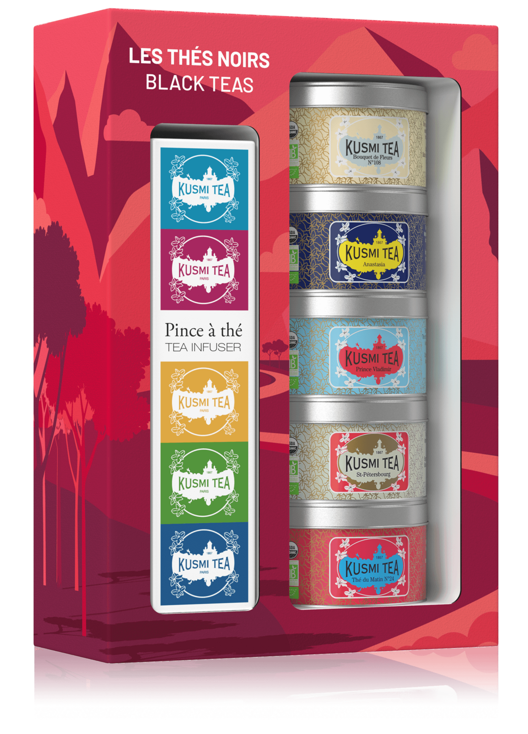 COFFRET LES THÉS NOIRS - 5 Miniatures de thés avec une pince à thé