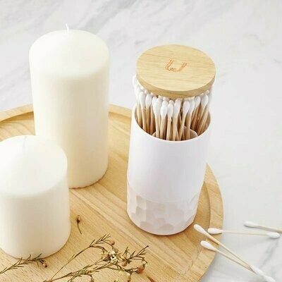 Expendedor de bastoncillos con tapa de bambú. Personalizable