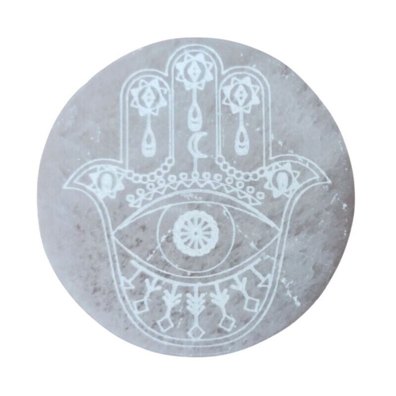 Selenita circular grabado- Hamsa o Mano de Fátima