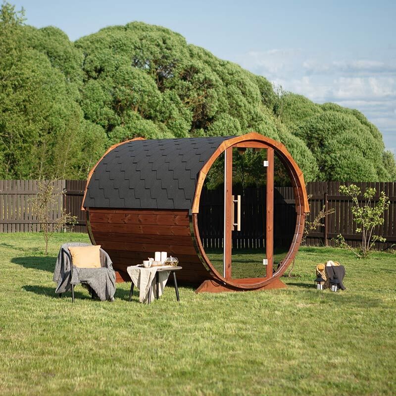 Fasssauna 2,3 Meter für 4 Personen , fertig montiert , Holzofen und Spiegelglaswand