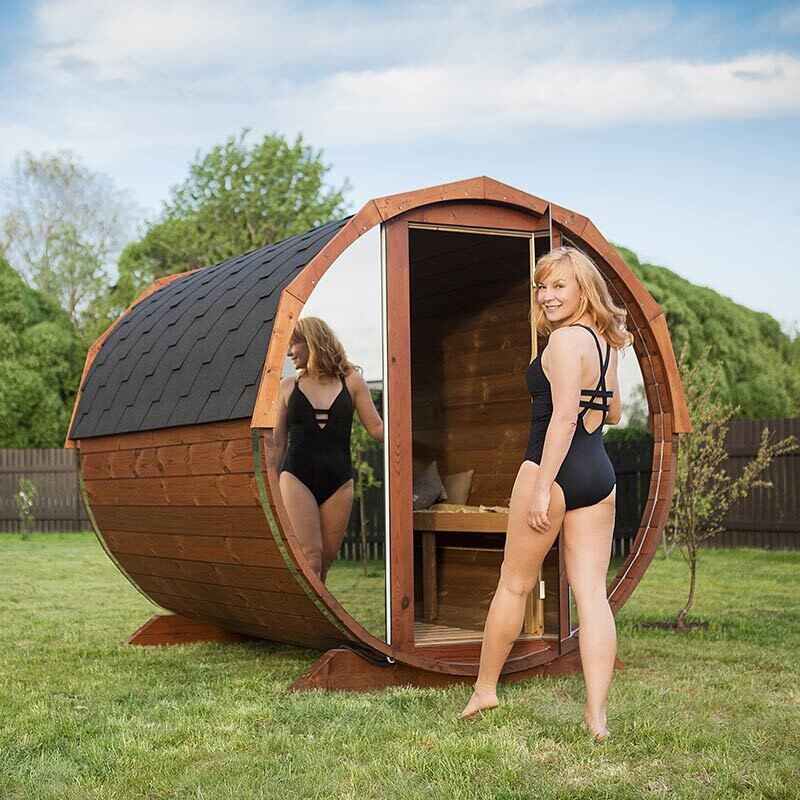 Fasssauna 2,3 Meter für 4 Personen , fertig montiert , Holzofen und Spiegelglaswand