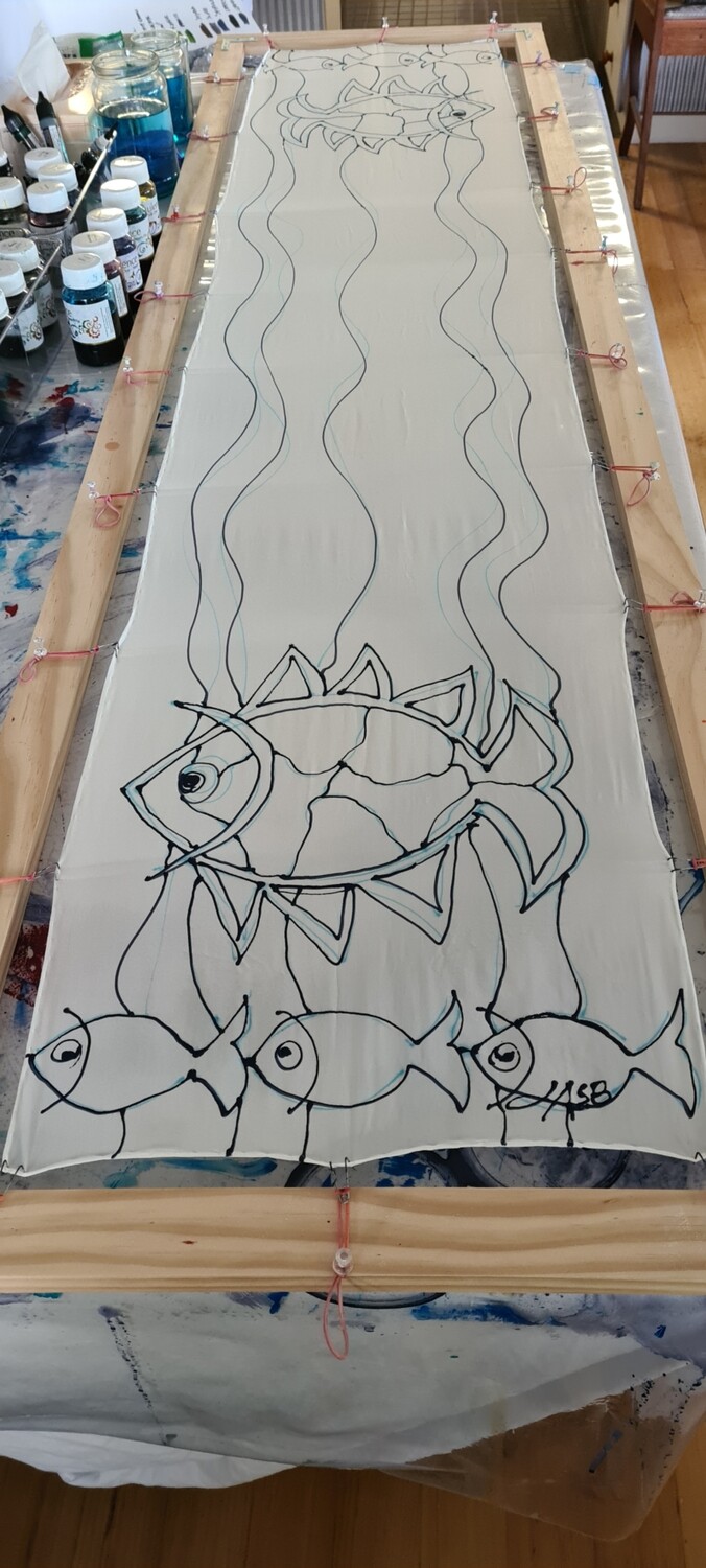 Silk Scarf -Hand Painted - Happy Fish - Silk Scarf