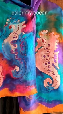 Silk Scarf - Hand Painted - Color my Ocean Seahorses
