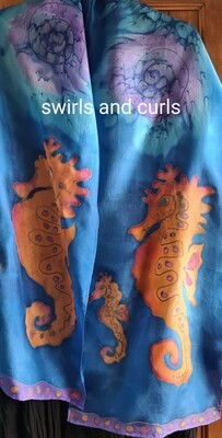Silk Scarf - Hand Painted - Seahorse Swirls and Ocean Curls
