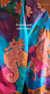 Silk Scarf - Hand Painted - Seahorses and Ocean Flowers