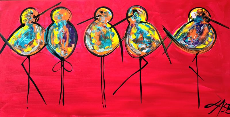 Acrylic on Canvas - Sunset Oyster Catchers -  All in a Row