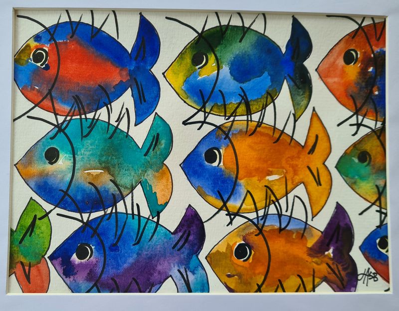 Frolicking Fish Original Water Colour and Ink Original - Size A4 Mounted Artwork