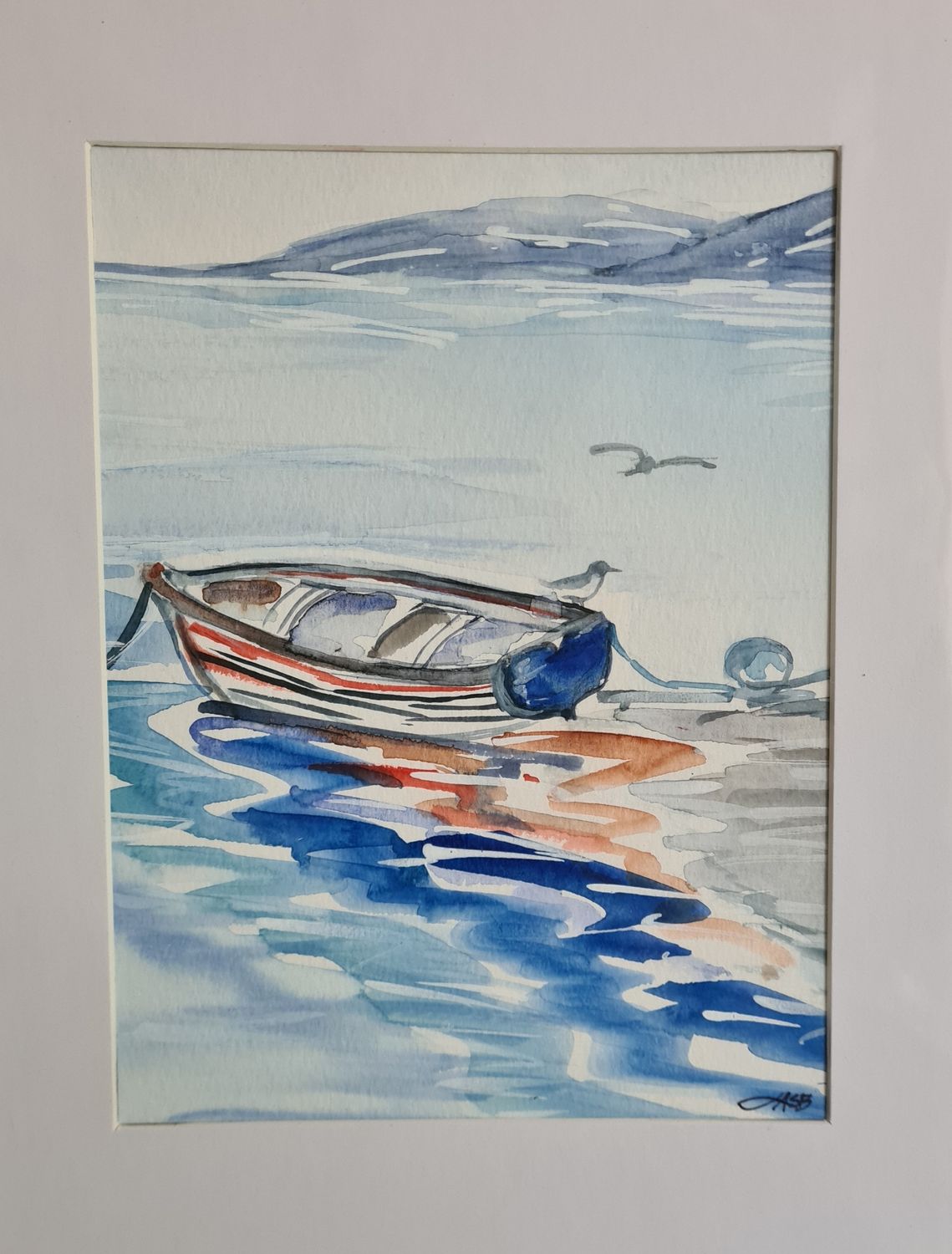 Dinghy on the Bay Original Water Colour and Ink Original - Size A4 Mounted Artwork