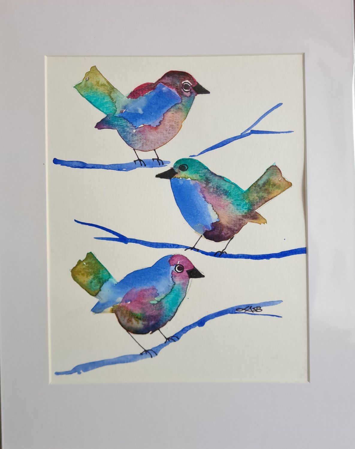 Birdies on Branches Original Water Colour and Ink Original - Size A4 Mounted Artwork
